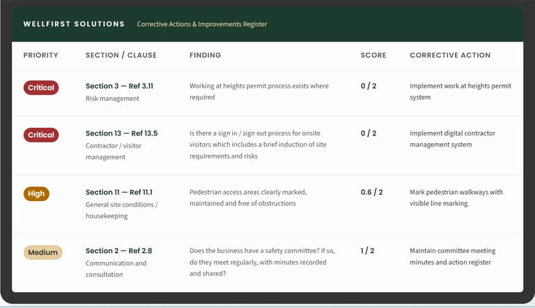 Safety audit corrective actions table showing priority levels, sections, findings, scores, and required corrective actions