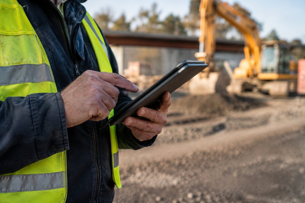 Construction worker in high-visibility vest using tablet at job site with excavator in background