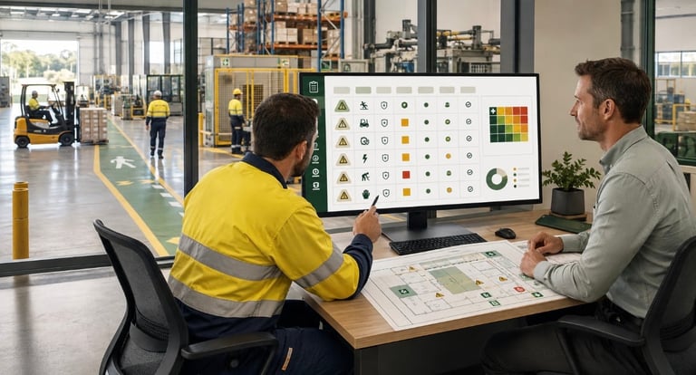 Two workers review plans at a desk in a bright industrial warehouse with machinery visible in the background