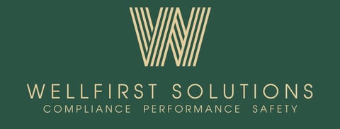 Wellfirst Solutions logo with striped W design on dark green background and tagline Compliance Performance Safety