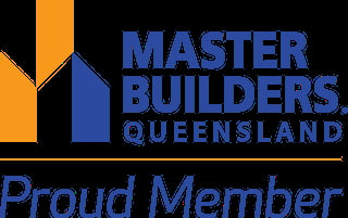 Master Builders Queensland proud member logo with blue and orange geometric design
