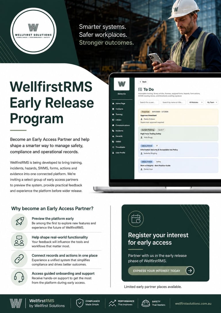 WellfirstRMS Early Release Program flyer showcasing safety management software with construction worker image and registration call-to-action