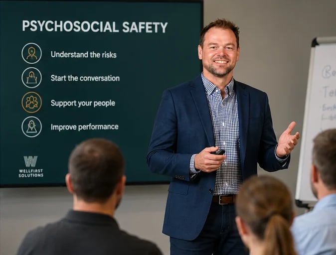 Man in business attire presenting psychosocial safety information to an audience with a slide showing key points: understand risks, start conversation, support people, and improve performance