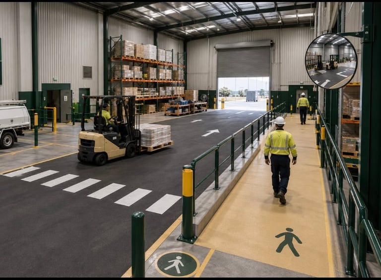 Industrial warehouse interior with forklift, stacked pallets, metal shelving, and pedestrian safety markings on the floor