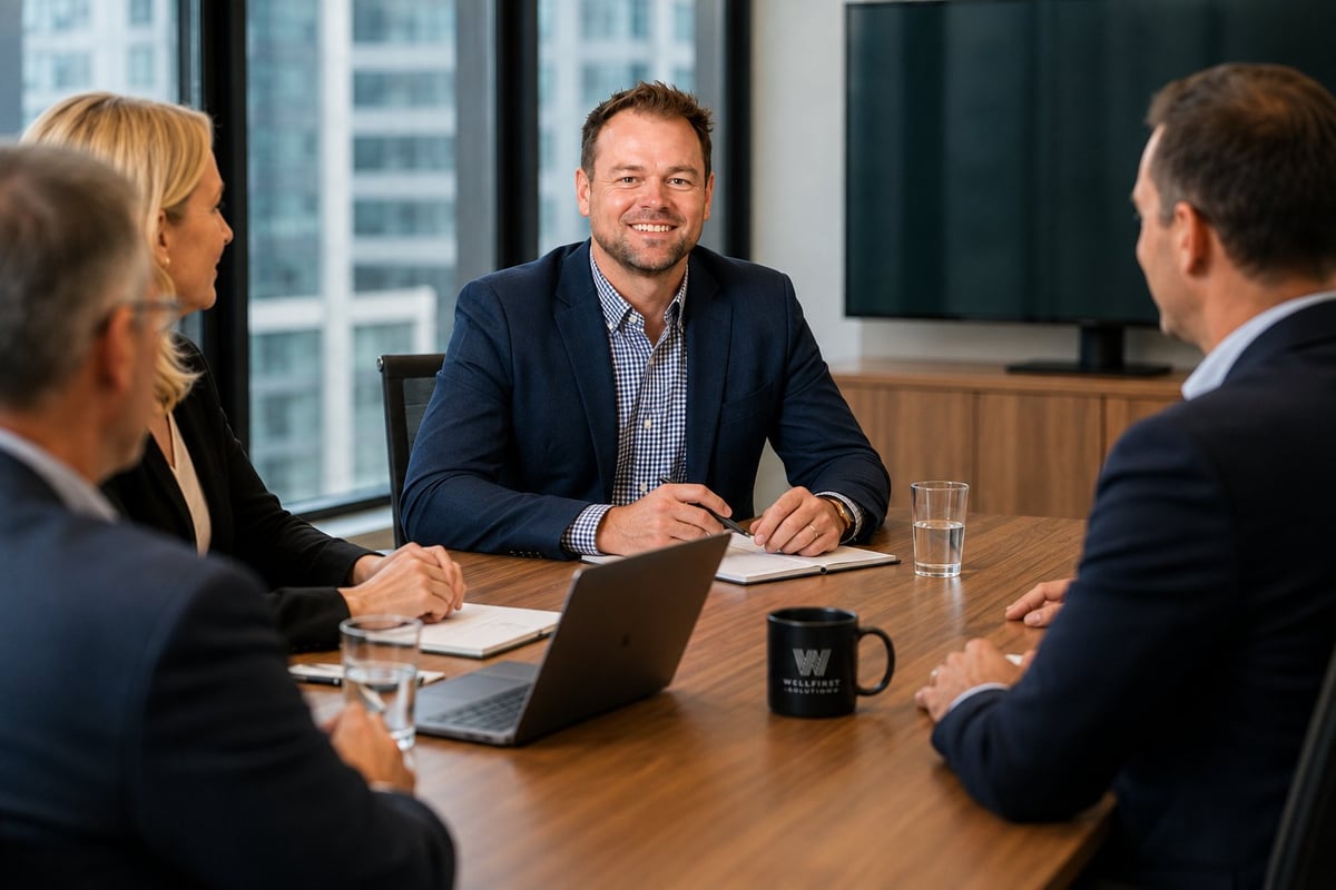 Business professionals in a meeting around a wooden conference table with a city skyline visible through the windows behind them