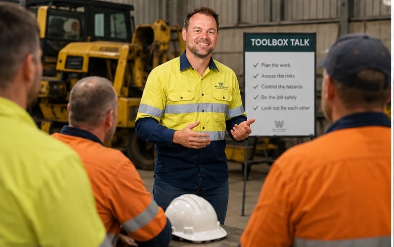 Construction supervisor in yellow shirt conducting toolbox talk safety briefing with workers in warehouse with equipment behind