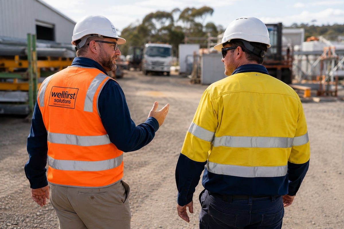 Two construction workers in high-visibility vests and hard hats walking at an industrial worksite with equipment and vehicles in the background