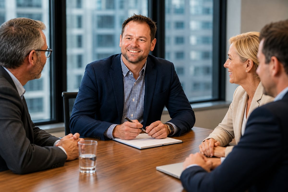 Four business professionals in suits having a meeting at a wooden table in a high-rise office with city views